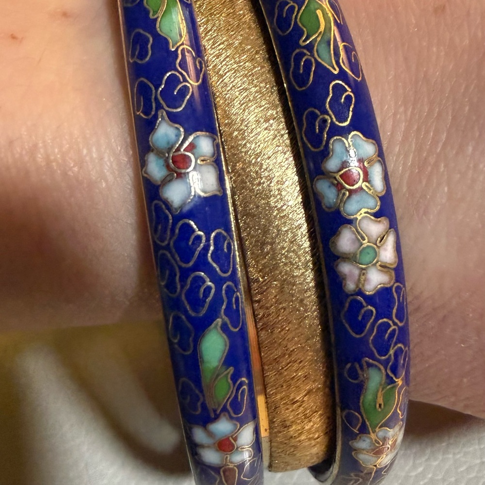 Gold and Blue Floral Cloisonné Bangle Set - Women Jewelry
